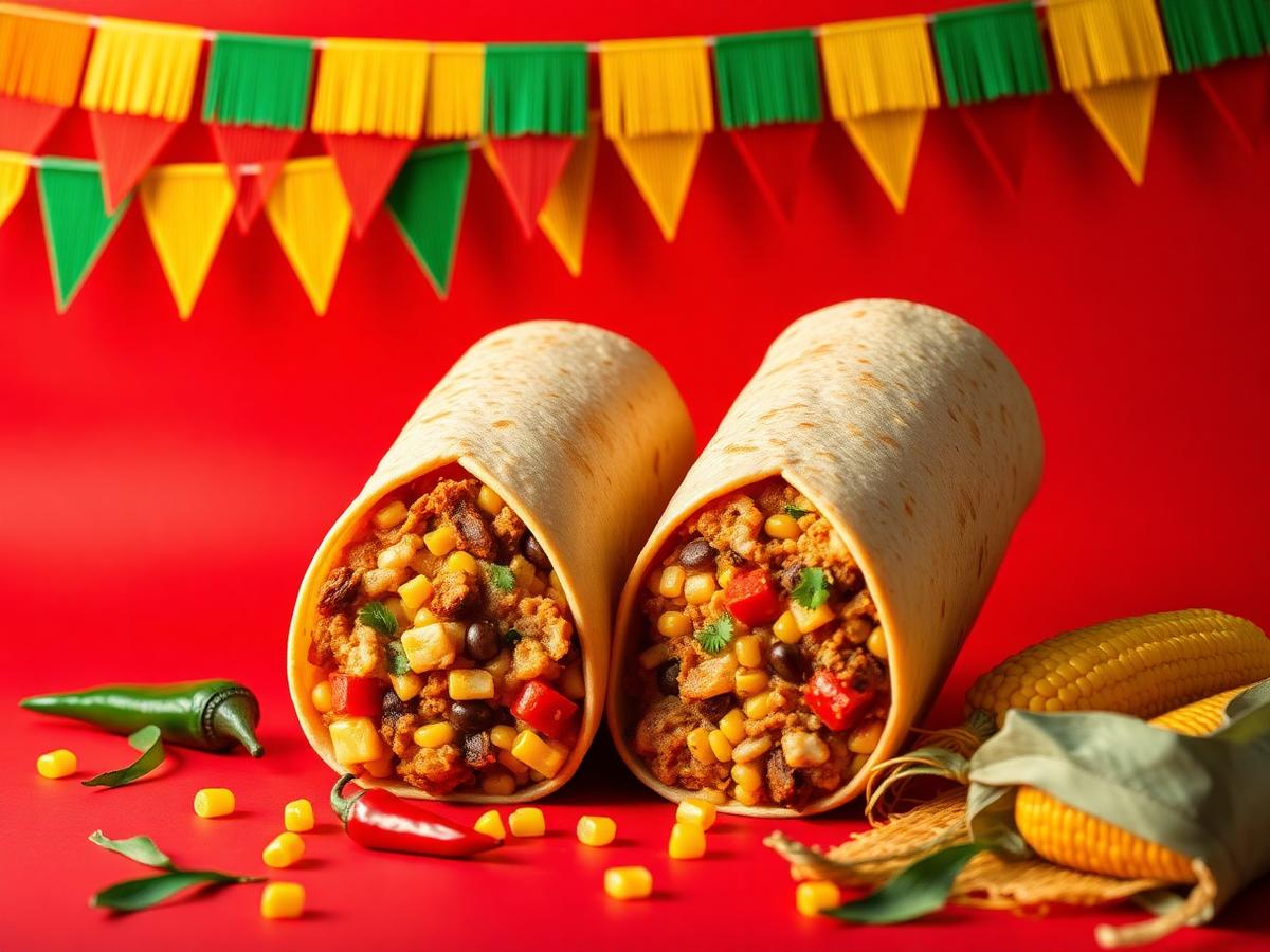 Dois burritos recheados com bandeirinhas mexicanas ao fundo